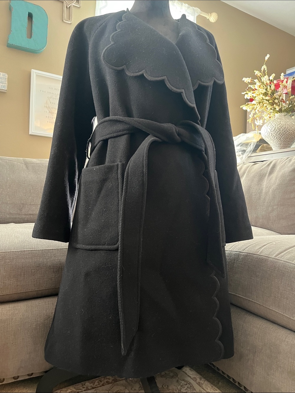 kate spade Out West Black Scallop-Edge Belted Wool Long Pea Coat  Size M